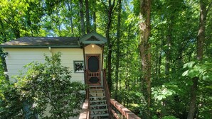 Un pont en bois mène à un bâtiment surmonté d’un toit végétalisé, le tout étant entouré d’une végétation luxuriante.