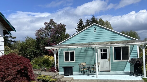 Une maison turquoise avec un porche, un barbecue et un jardin où poussent différentes espèces de plantes.