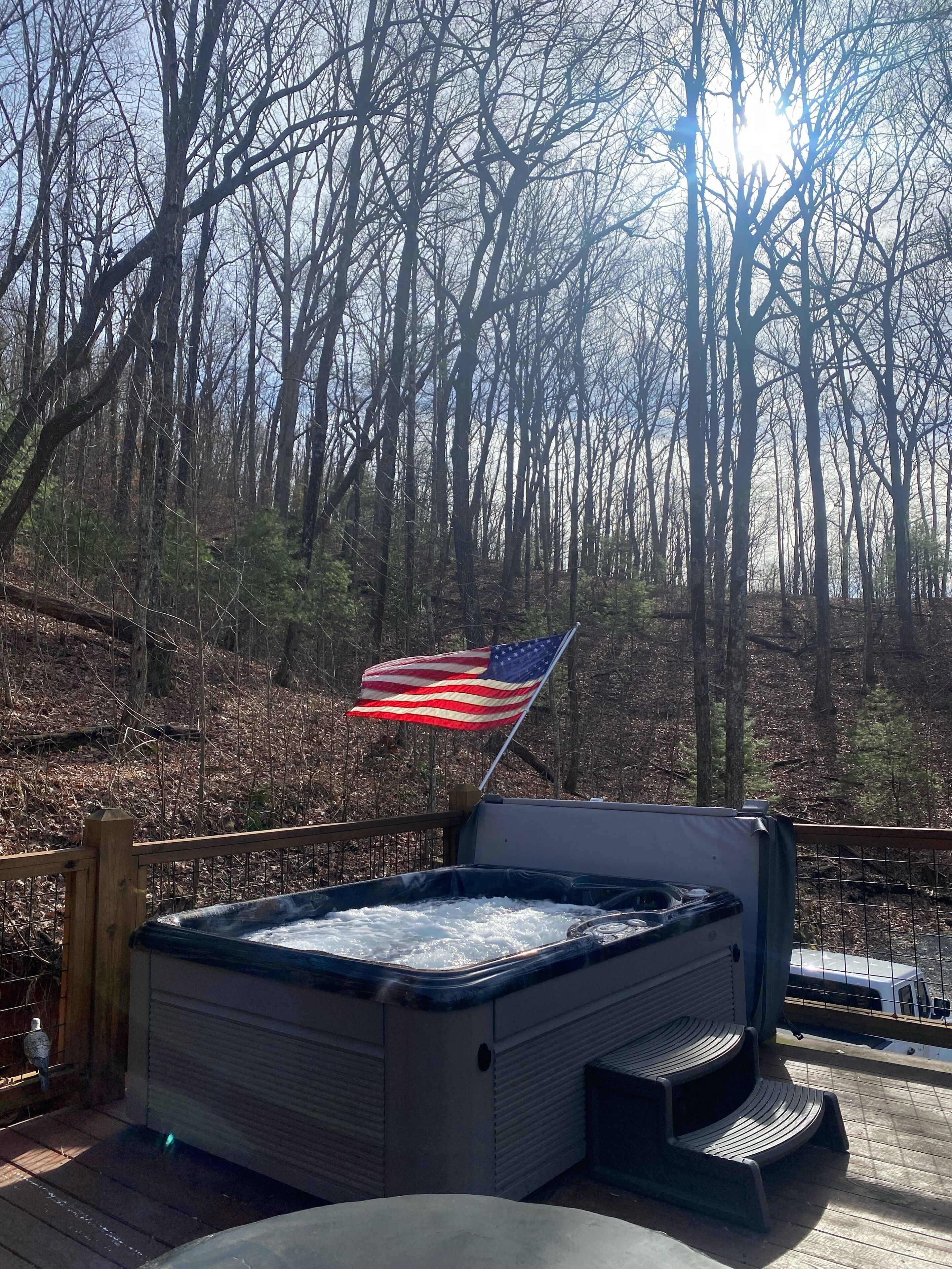 A hot tub on a wooden deck with an American flag, surrounded by a forest.
