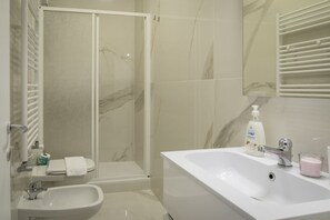 Shower, hair dryer, bidet, towels
