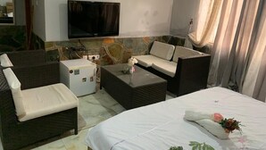 Une chambre d’hôtel avec un lit, un canapé, une petite table ornée de fleurs, une télévision et un climatiseur.