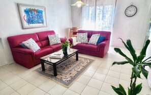 Télévision, cheminée, chaîne hi-fi