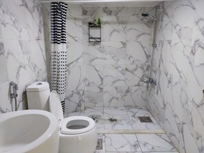 Shower, hair dryer, towels