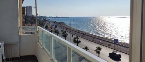 A balcony with a view of a coastal road, palm trees, and a beach.