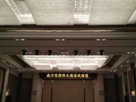 Entrada de un hotel con una araña y un cartel que indica una ubicación en China.