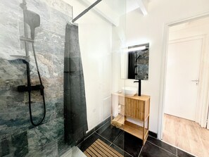 Shower, towels, toilet paper