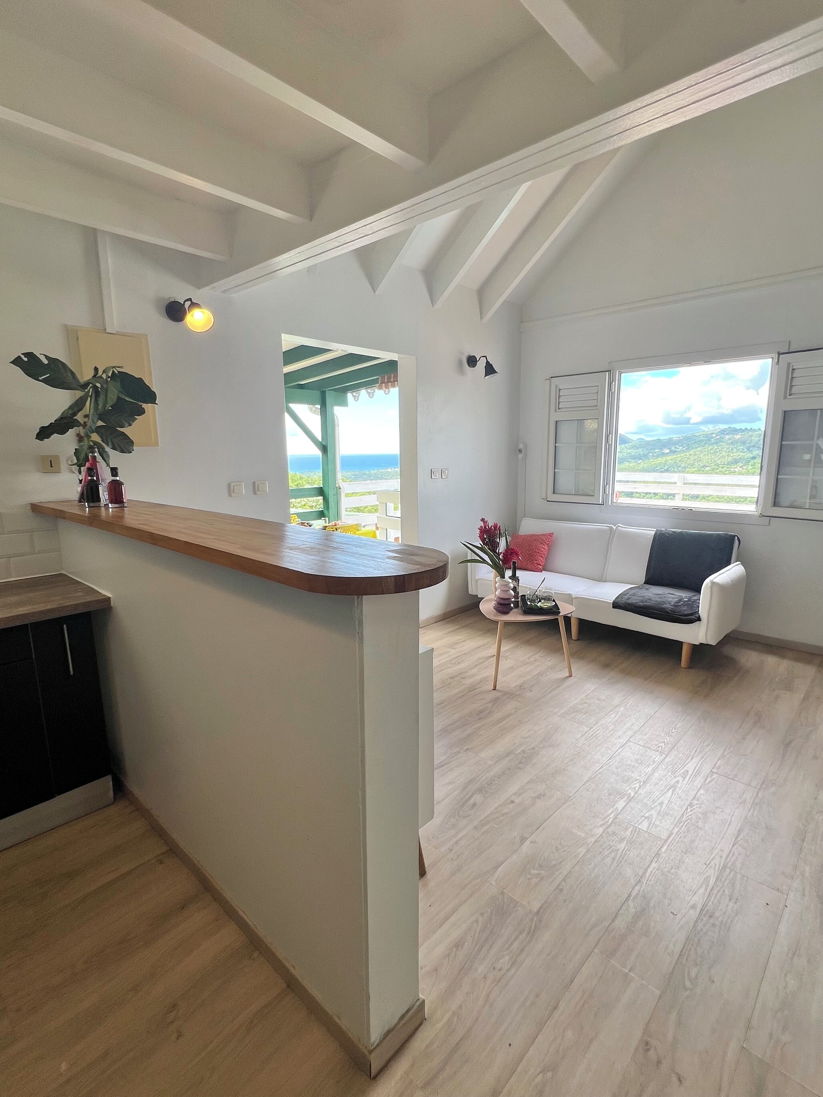A spacious living area with a wooden bar, a white sofa, and a view of the outdoors.