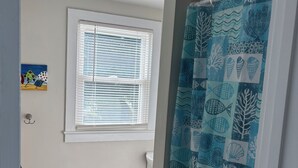 Une salle de bain avec un rideau de douche orné d’un motif de poissons bleus et blancs, une fenêtre avec des stores et un petit tapis sur le sol.