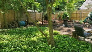 A backyard with a wooden fence, a tree, a blue spherical object, a potted plant, and a wicker chair. - Beautiful Private Cottage, Sleeps 6, Walk to Beach (New Buffalo)