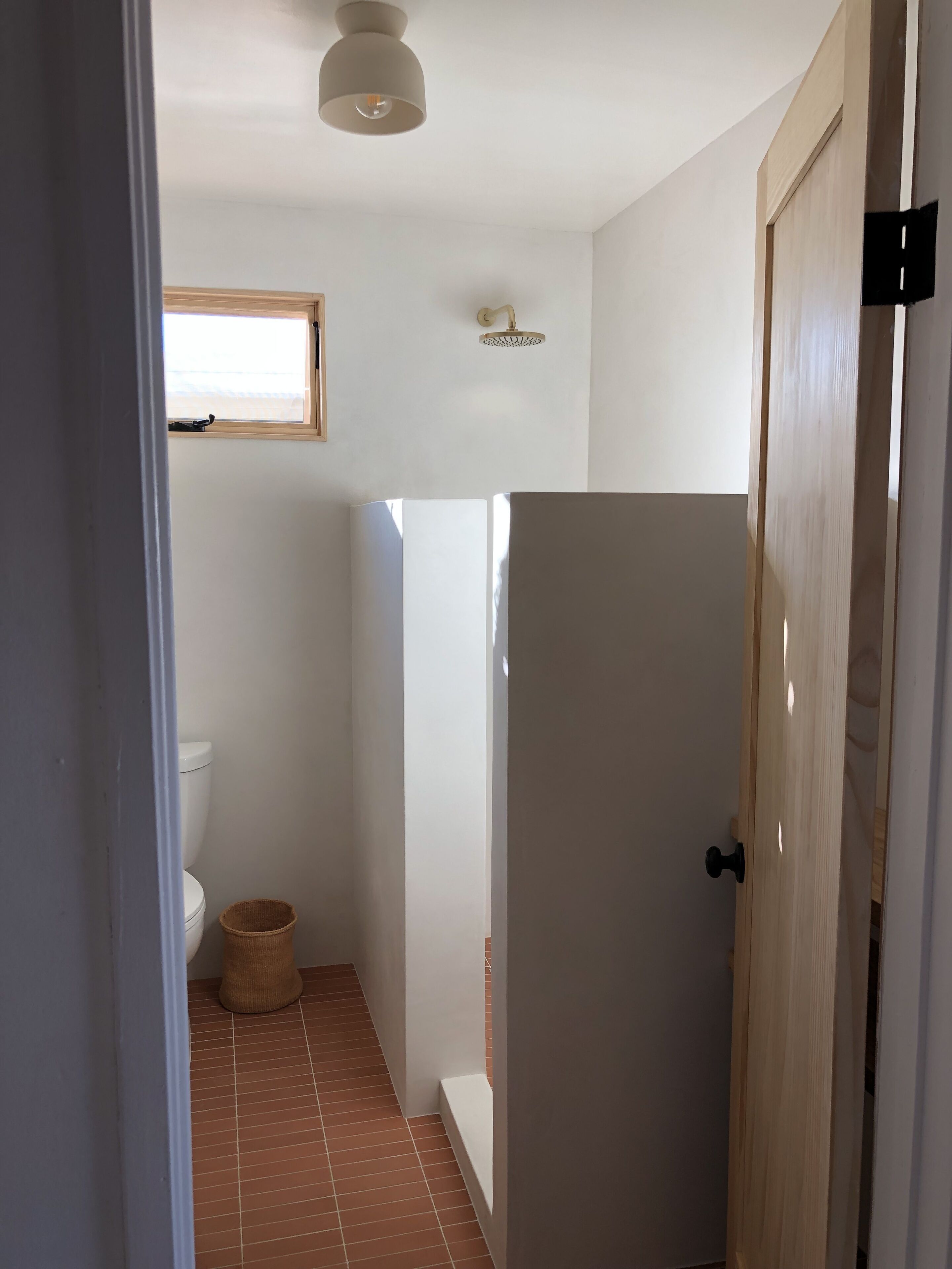 A narrow hallway leading to a bathroom with a toilet, a wicker basket, and a ceiling light fixture.