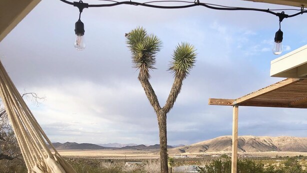 A hammock under a wooden pergola with a desert landscape and mountains in the background. - Peaceful mid-century house under the boulders near Joshua Tree National Park (Joshua Tree)