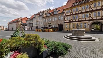 Ein Kopfsteinpflasterplatz mit historischen Gebäuden, einem Brunnen und Blumenbeeten.