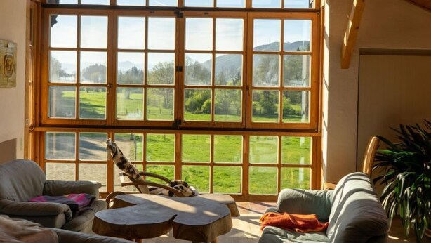 A spacious living room with a large window offering a view of the outdoors. There are two sofas and a small table. - Vacation apartment with large panoramic window (Teisendorf)