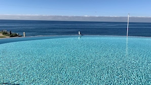 Piscina azul cristalina com uma gaivota na borda, com vista para o oceano.