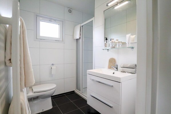 Un bagno moderno con il water, cabina doccia in vetro, mobile lavabo con specchio e finestra che offre luce naturale.