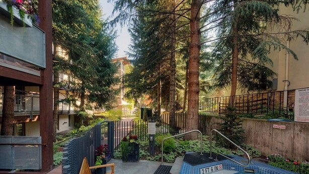 Zona de piscina con señal de profundidad de 68 centímetros, rodeada de árboles y un banco de madera.