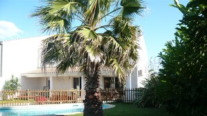 Piscina cercada por um jardim com uma palmeira e um edifício com telhado de cerâmica.