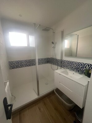 Shower, eco-friendly toiletries, hair dryer, towels
