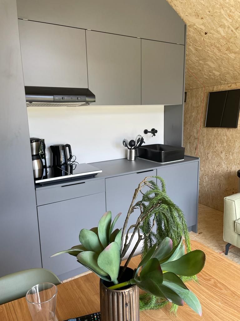 A modern kitchen with grey cabinets, a black range hood, and a coffee maker.