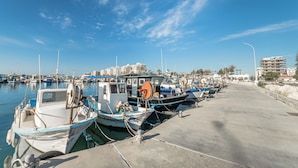 Una marina con barcos amarrados, un paseo marítimo de hormigón y edificios al fondo.