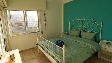 2 bedrooms, desk, laptop workspace, iron/ironing board