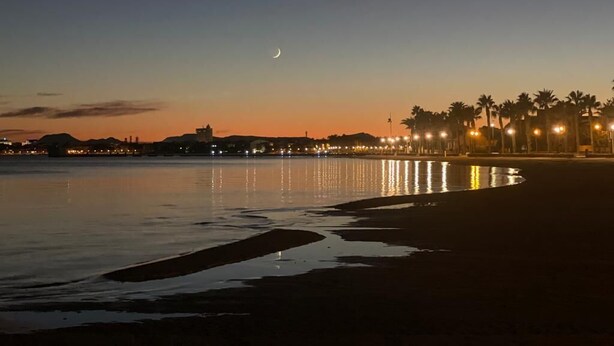 A beach at dusk with a crescent moon, calm water reflecting lights, and a row of palm trees along the shore.