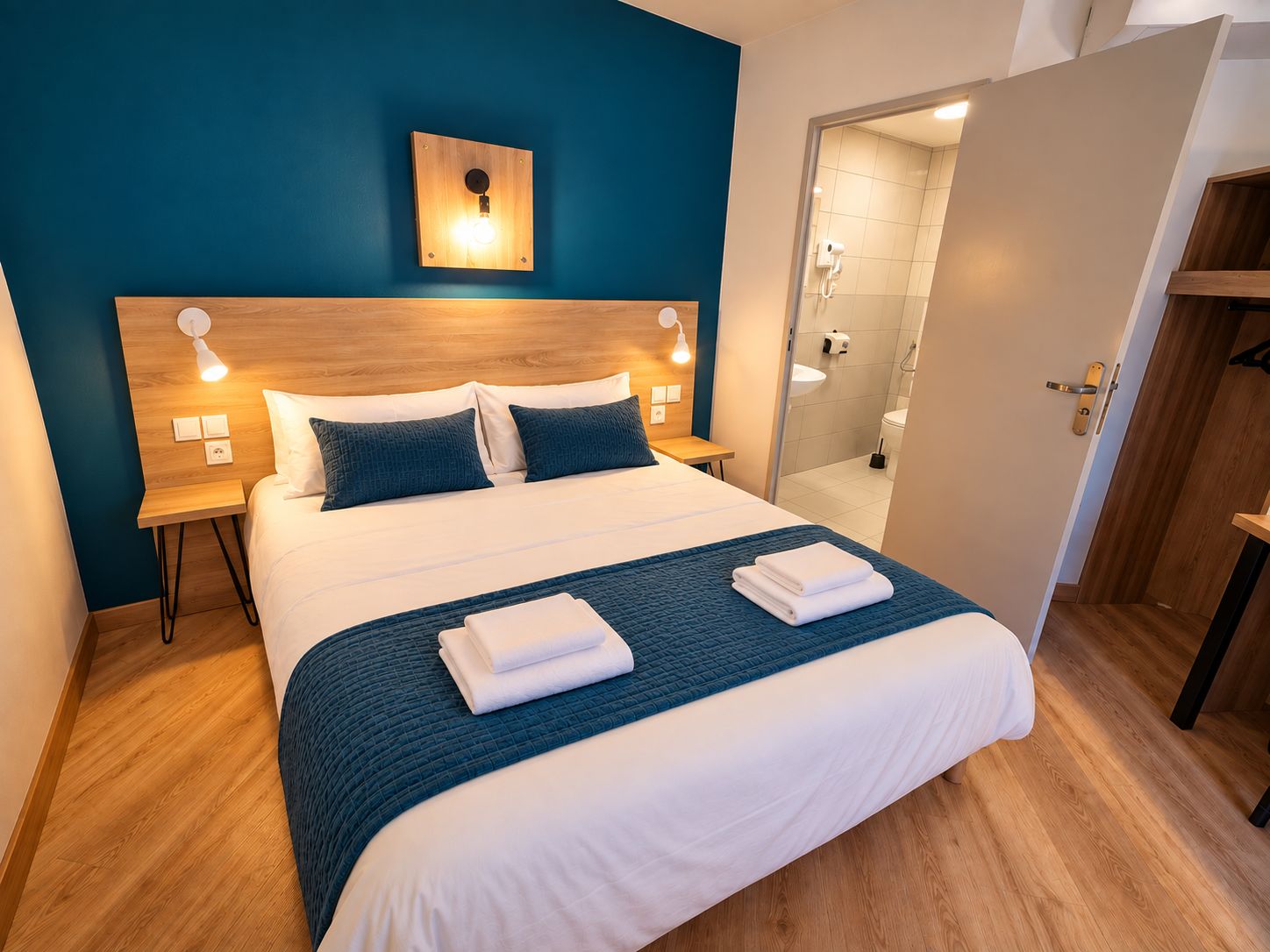 A hotel room with a large bed, bedside lamps, a wooden headboard, and a view into the bathroom.