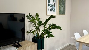 A modern living room with a TV, a wooden desk, a potted plant, and two framed artworks on the wall. - Apartment in the center of Castelnaudary (Castelnaudary)