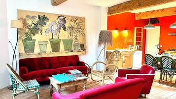 Télévision, cheminée, lecteur de DVD, livres