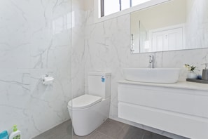 Features a sleek sink, toilet, and large mirror above the vanity.