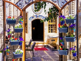 Área externa com assentos, cadeiras e um tapete vermelho, cercada por plantas em vasos e um arco decorativo.