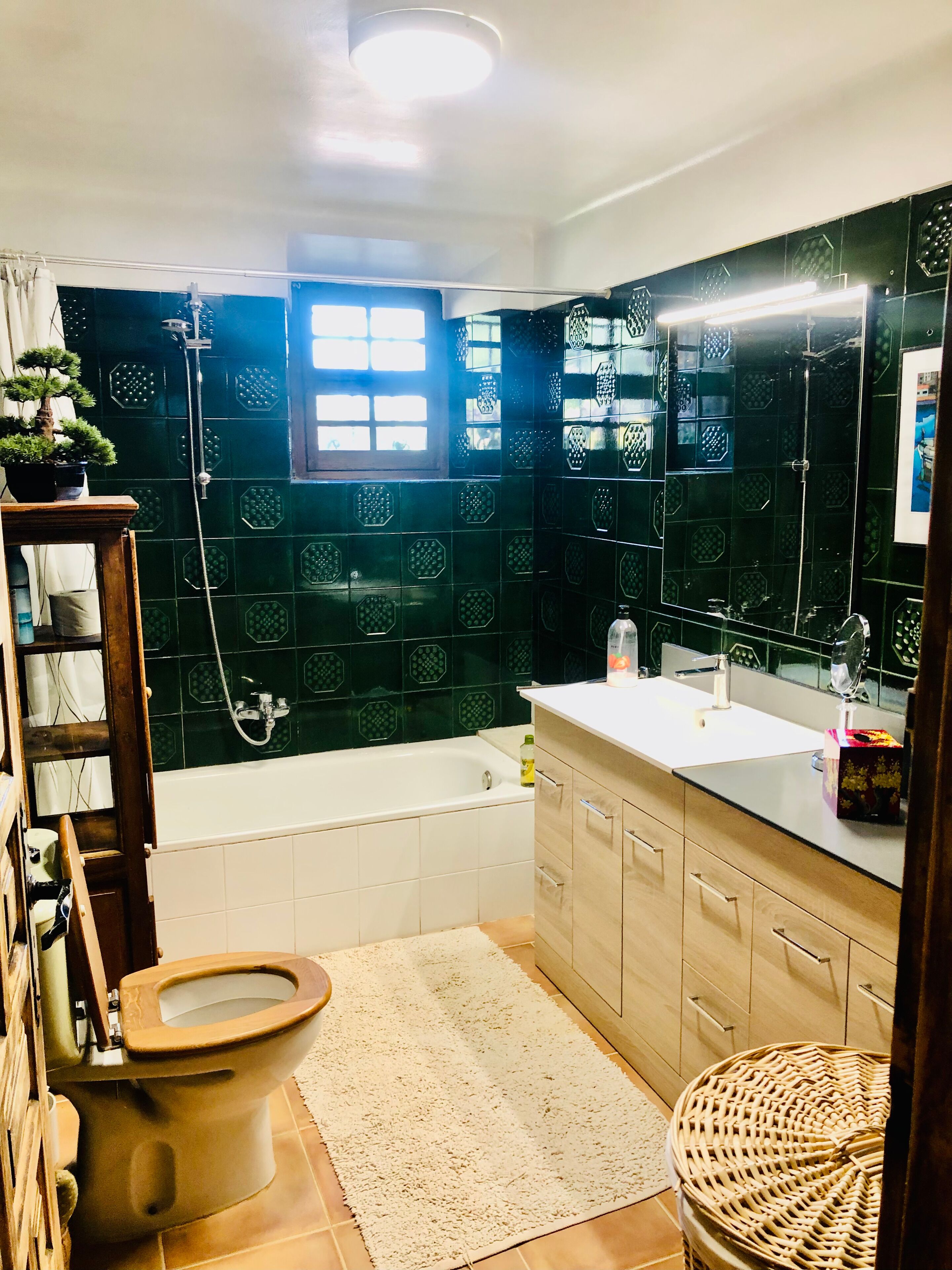 Un baño con bañera, inodoro y lavabo.