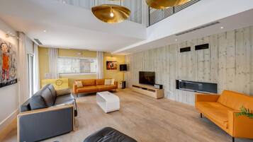 TV, fireplace, books