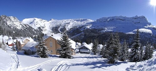 Chalet, vue pistes de ski, terrasse, cheminée ou poêle à bois, télévision, 110m², Flaine