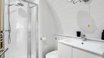 Shower, towels, soap, toilet paper