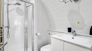 Shower, towels, soap, toilet paper