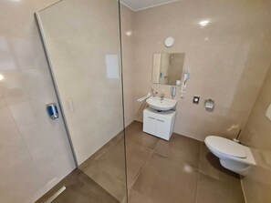 A modern bathroom with a glass shower enclosure, a sink with a mirror above it, and a toilet.