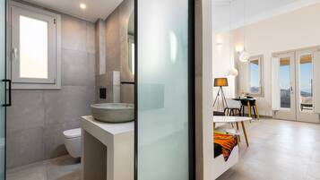 A modern bathroom with a toilet, a large mirror, and a round sink.