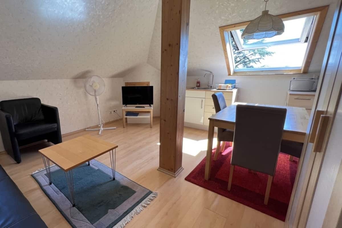 A compact living space with a sofa, a small table, a TV on a stand, a fan, a dining area with a table and chairs, and a kitchenette with a microwave.