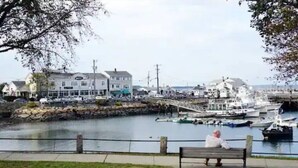 A waterfront view with a dock, boats, and a person sitting on a bench. - Beautiful Ocean Front House (Plymouth)