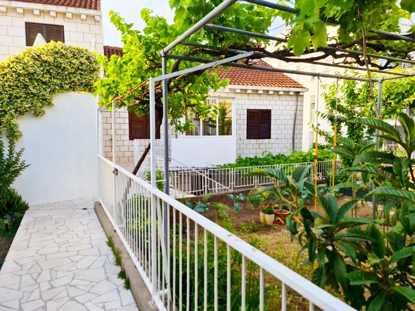 A courtyard with a white tiled pathway, metal railings, and a pergola with climbing plants.