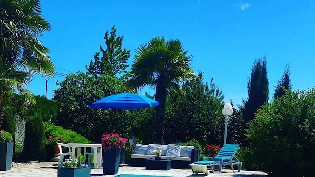 A swimming pool with lounge chairs and umbrellas, surrounded by greenery and trees. - Rose Room (Saint-Didier-de-la-Tour)