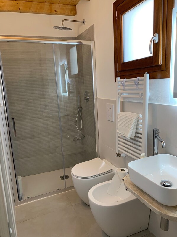 Regadera, secadora de cabello, bidet, toallas