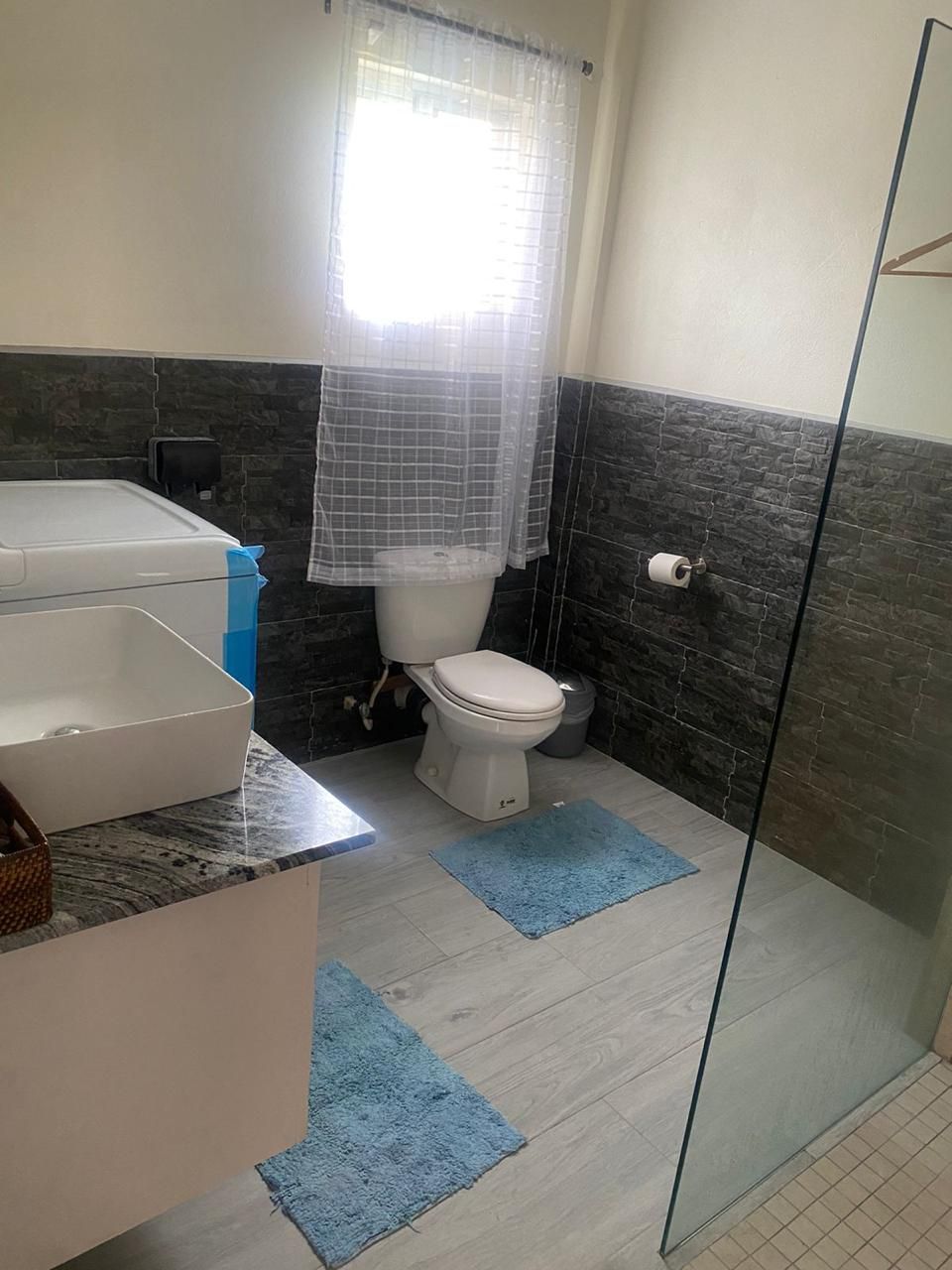 Casa de banho com sanita, zona de duche e lavatório com espelho.
