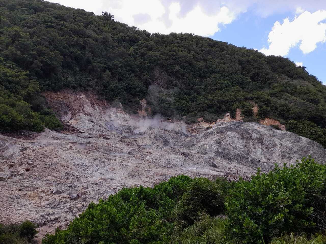 Un paisaje rocoso con una colina boscosa al fondo.