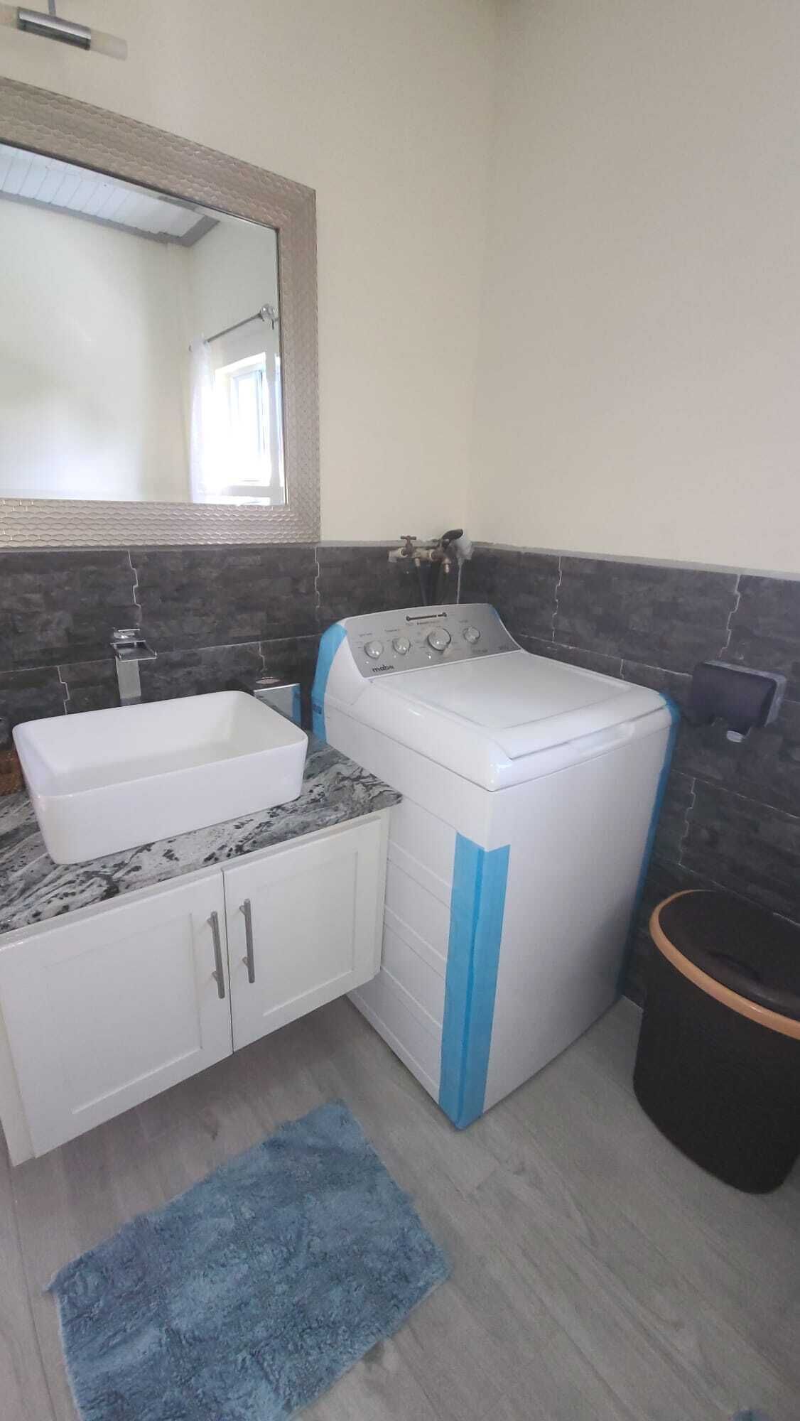 A bathroom with a white sink, a washing machine, and a mirror.