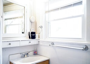 Hair dryer, towels, soap, shampoo