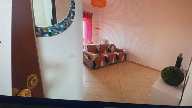 A room with a patterned sofa, a round mirror, and a small potted plant. - TWO-ROOM APARTMENT PIOMBINO MARE 50 MT - 4 PANORAMIC BEDS (Piombino)