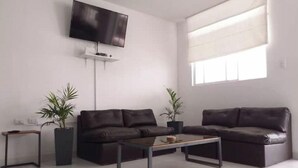 A modern living room with two dark brown leather sofas, a coffee table, and two potted plants. A flat-screen TV is mounted on the wall above the sofas.