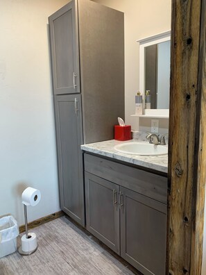 Combined shower/bathtub, hair dryer, towels, soap